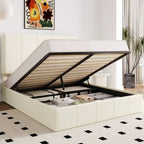 Full/Queen/King Size Velvet Lift Up Storage Bed Frame, Vertical Channel Tufted Headboard, Hydrualic Underneath Storage, Upholstered Platform Bed, Wooden Slats Support, No Box Spring Needed, Cream