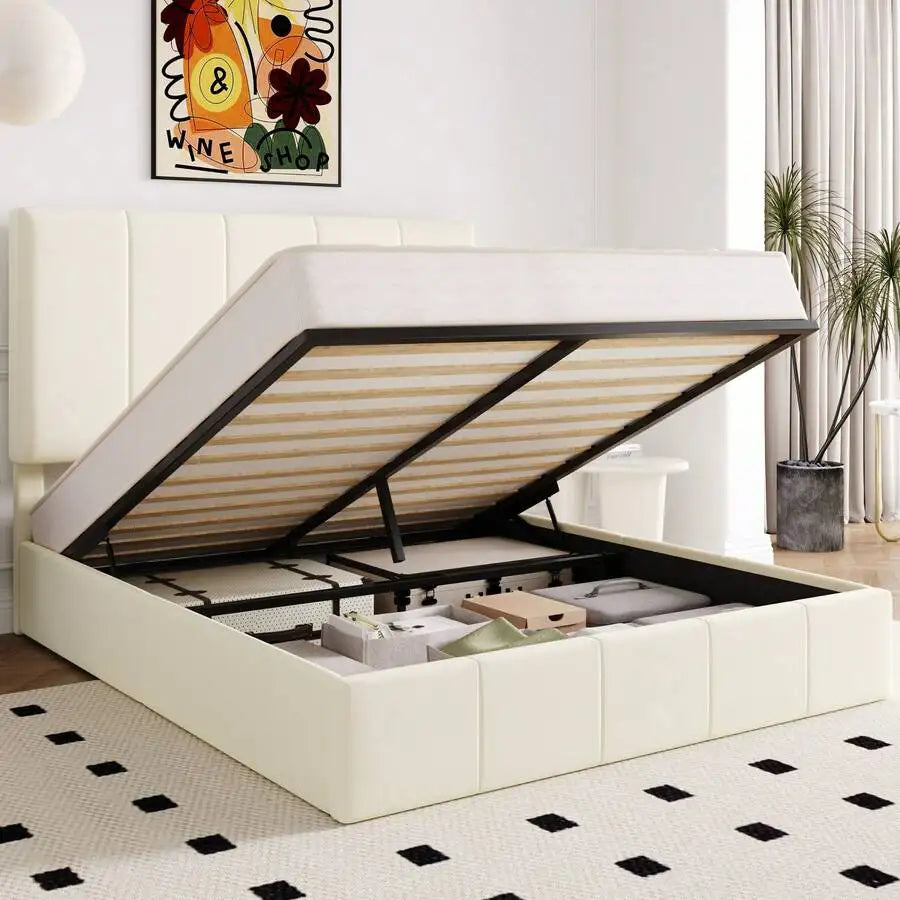 Full/Queen/King Size Velvet Lift Up Storage Bed Frame, Vertical Channel Tufted Headboard, Hydrualic Underneath Storage, Upholstered Platform Bed, Wooden Slats Support, No Box Spring Needed, White