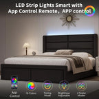 Upholstered Bed Frame with Headboard and LED Lights, Modern Faux Leather Bed Frame with Wooden Slats Support and Heavy Duty Mat