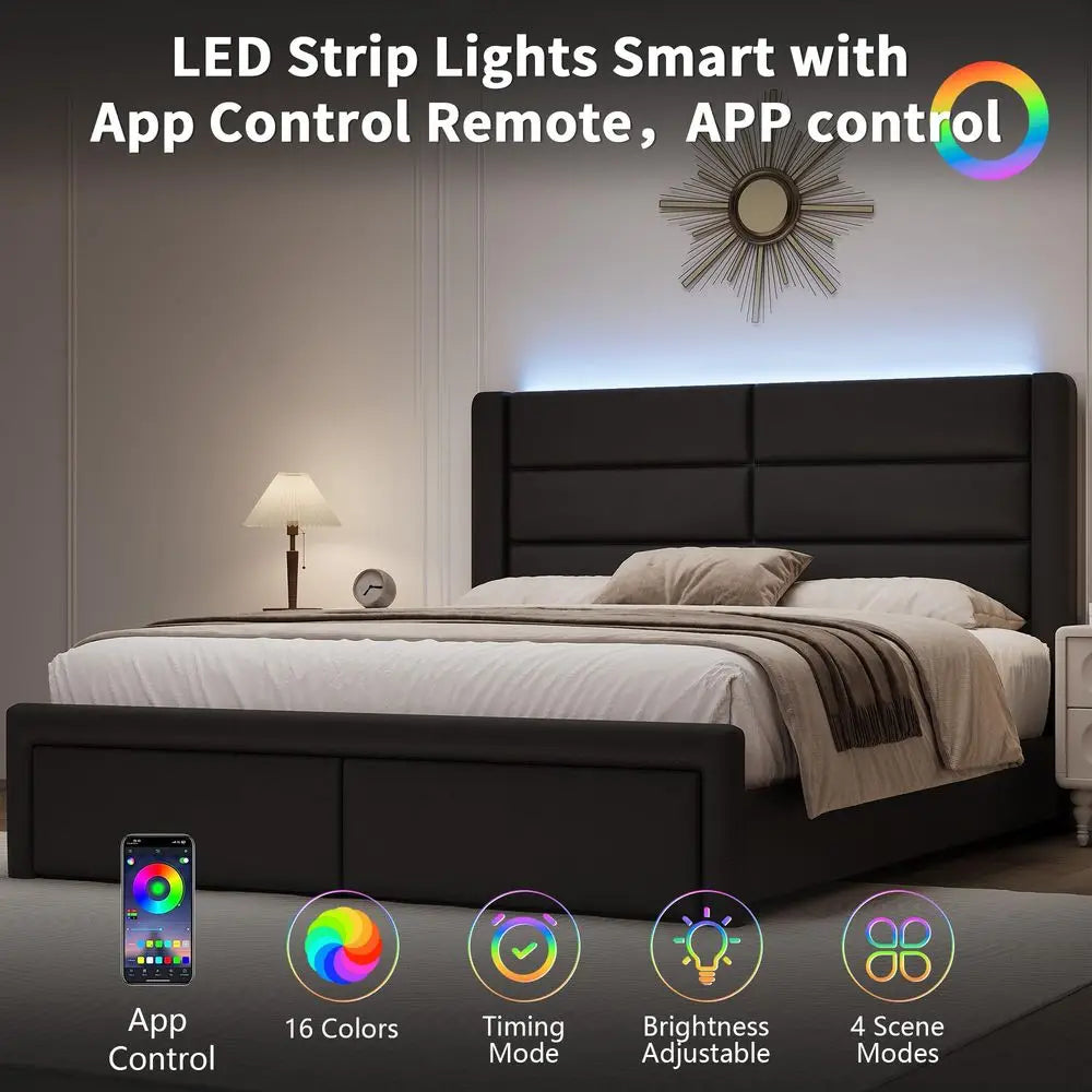 Upholstered Bed Frame with Headboard and LED Lights, Modern Faux Leather Bed Frame with Wooden Slats Support and Heavy Duty Mat