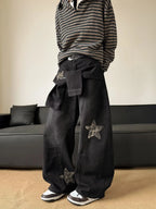 Men's Black Washed Baggy Wide Leg Jeans Leopard Print Star Patch Fake Layer Waist Design Hip Hop Street Style Casual Daily Outing Loose Denim Trousers