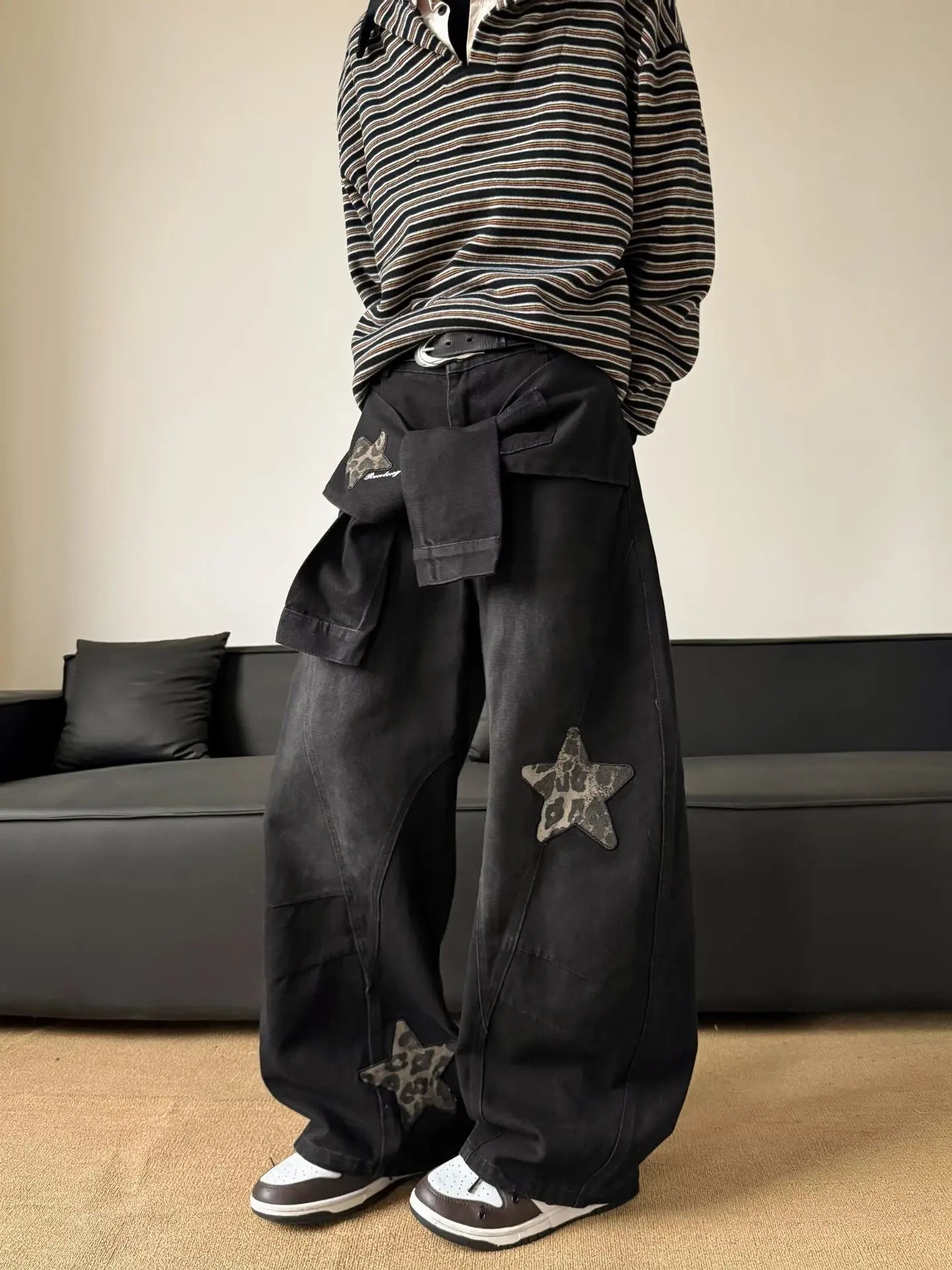 Men's Black Washed Baggy Wide Leg Jeans Leopard Print Star Patch Fake Layer Waist Design Hip Hop Street Style Casual Daily Outing Loose Denim Trousers