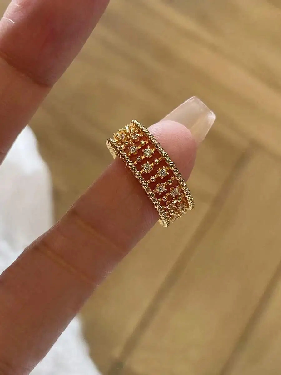 3Pcs Fashion Hollow Chain Open Copper Ring Set For Women, Inlaid Shiny Cubic Zirconia Finger Jewelry, Adjustable Stackable Rings, Elegant Accessory For Party Banquet Dating, Ideal Holiday Birthday Gift For Ladies