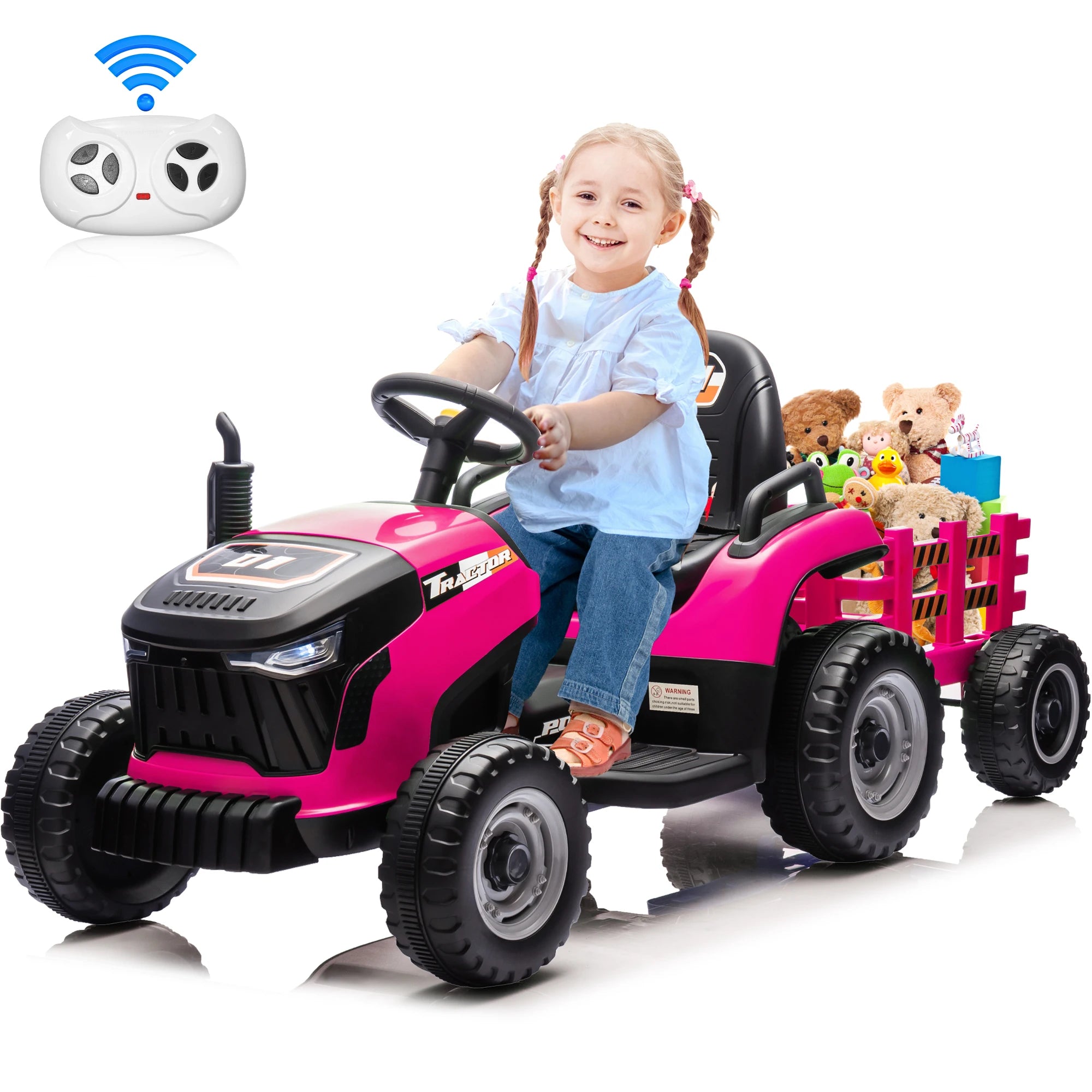 24V Kids Ride On Tractor w/400W Motors, 2-IN-1 Power Tractor Wheels w/Remote Control, Tiltable & Detachable Trailer, Adjustable Seat, Music, 24Volt Ride On Toys Electric Tractor for Kids