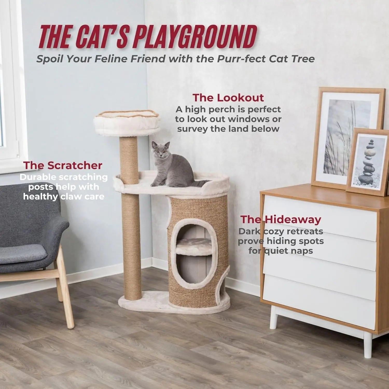 Indoor 2-Story Cat Condo, Sisal Posts, Brown, Removable Bed for Easy Clean