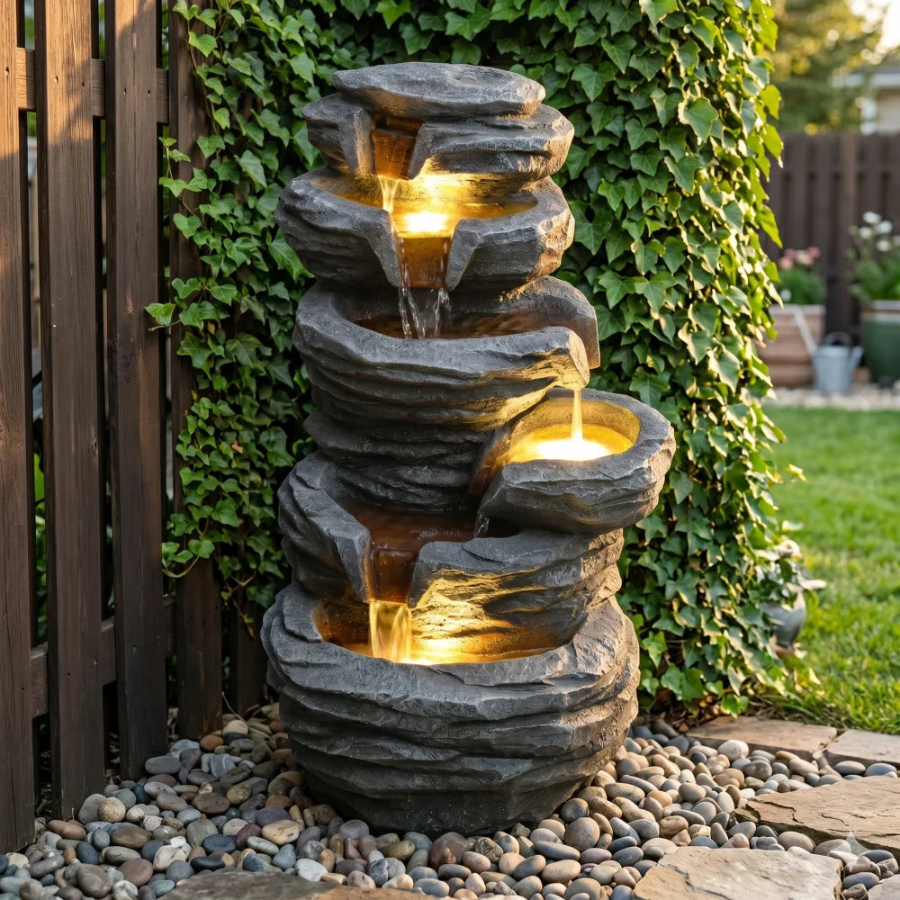 Outdoor Waterfall Fountain with Lights Stacked Rock Cascading Water Feature Resin Garden Decor for Patio Yard Porch Landscape