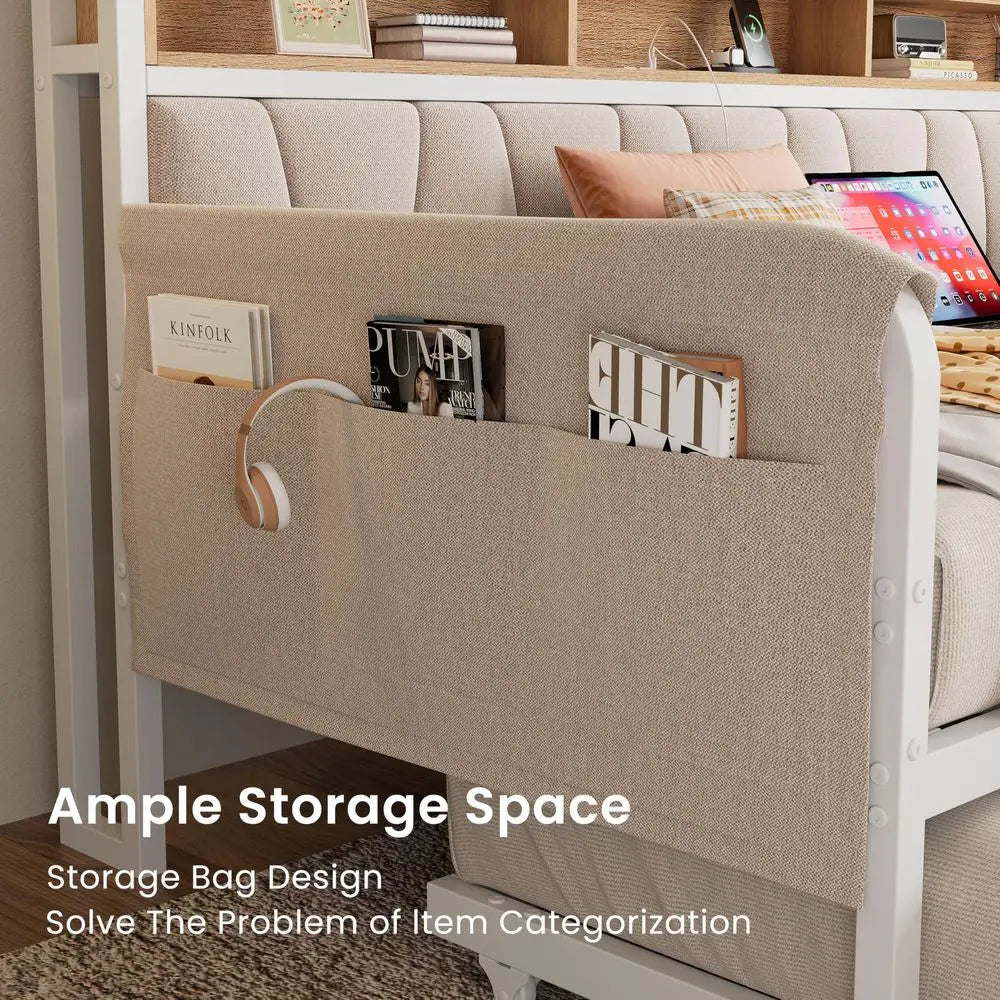 Daybed with Trundle Bed, Twin Bed Frame with Upholstered Storage Headboard and Charging Station, Sofa Day Bed with Strong Suppo