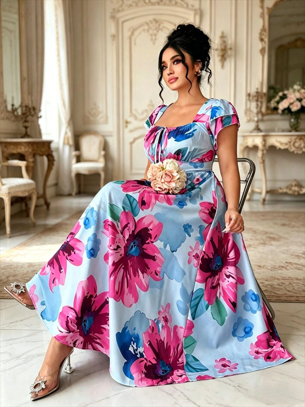 Plus Size Floral Printed Elegant Women Dress A-Line Midi Square Cap Sleeve Slim Waist Daily Dating Summer Casual Outfit