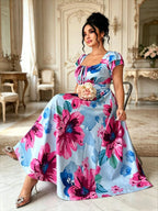 Plus Size Floral Printed Elegant Women Dress A-Line Midi Square Cap Sleeve Slim Waist Daily Dating Summer Casual Outfit