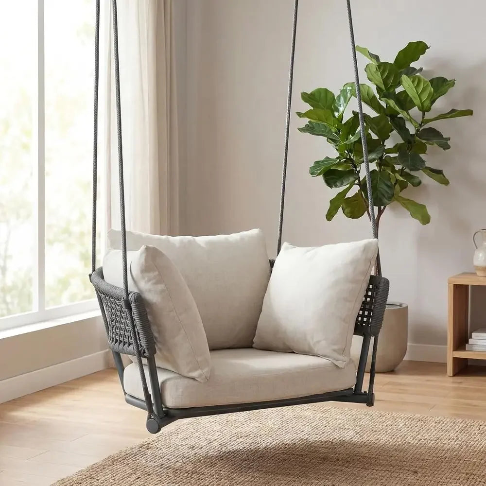 Cushioned Porch Swing Chair, Indoor/Outdoor Hanging Swing, Perfect for Patio or Balcony, Beige