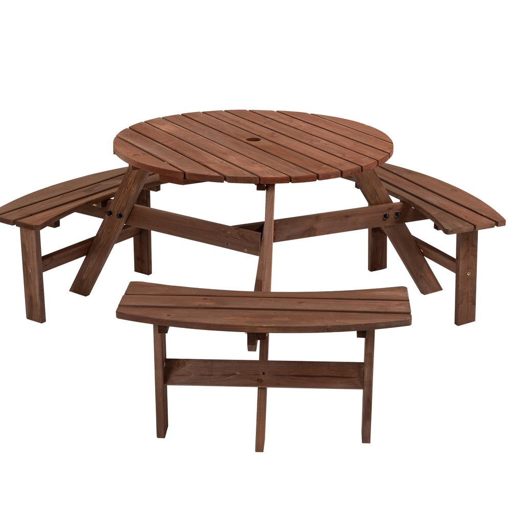 Solid Wood Round Outdoor Picnic Table with 3 Curved Benches, Weatherproof Wooden,Outdoor Patio Dining Furniture with Umbrella HoleWeather Resistant Patio Dining Furniture Set for Garden Backyard Deck