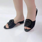 Elegant Flower Rhinestone Mules Women Mid Heel Slip On Open Toe Dress Sandals For Wedding Party Evening