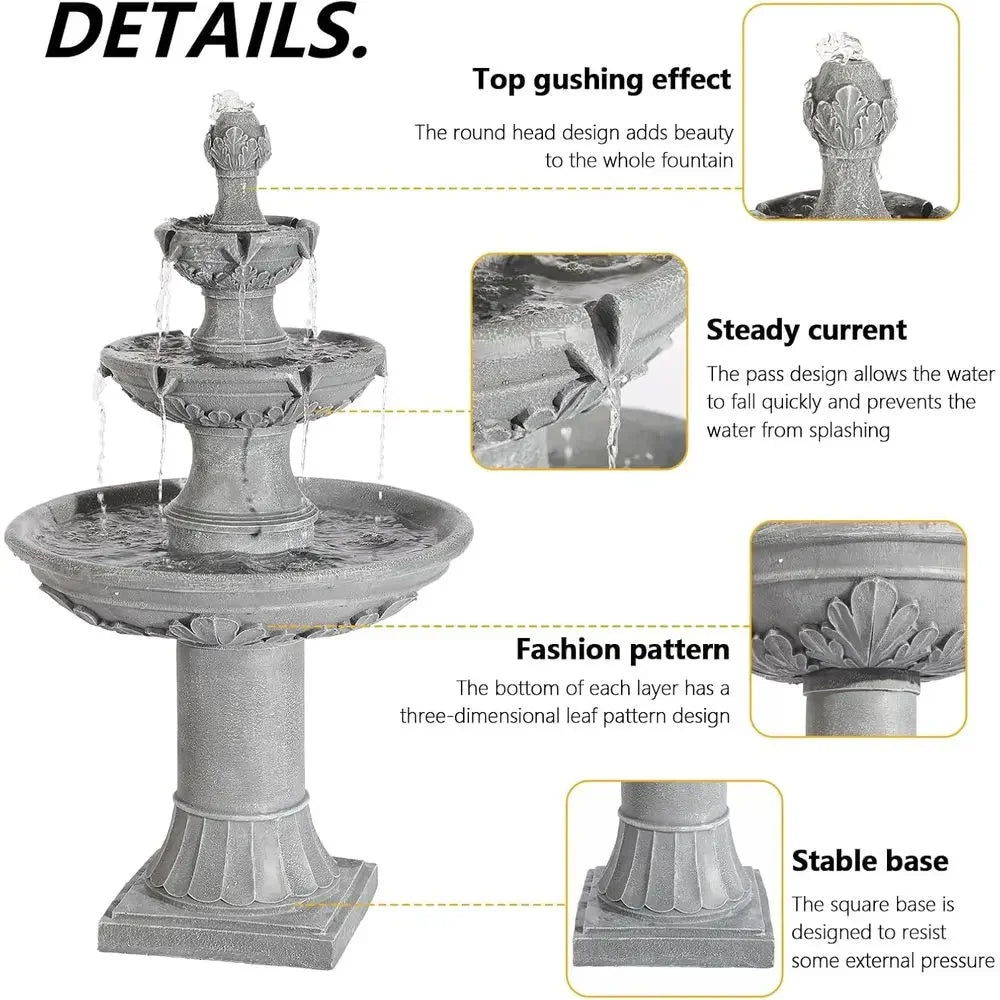 3-Tier Outdoor Water Fountain with Pump & Pine Top, 48.4 Tall Large Pillar Waterfalls for Indoor or Outdoor, Deck Patio Garden F