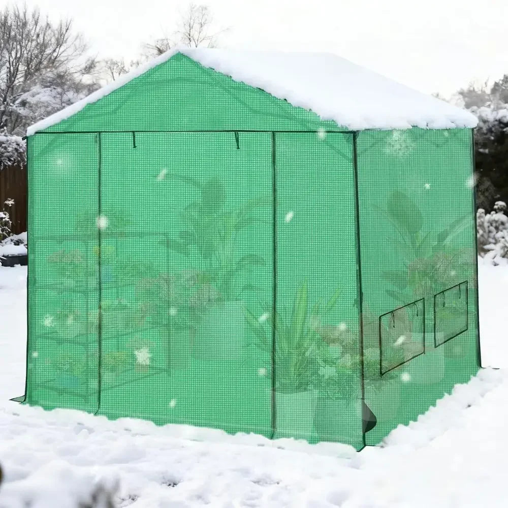 8x8 Walk-In Outdoor Garden Greenhouse with Automatic Ventilation, Zippered Doors & Windows, Green PE Cover