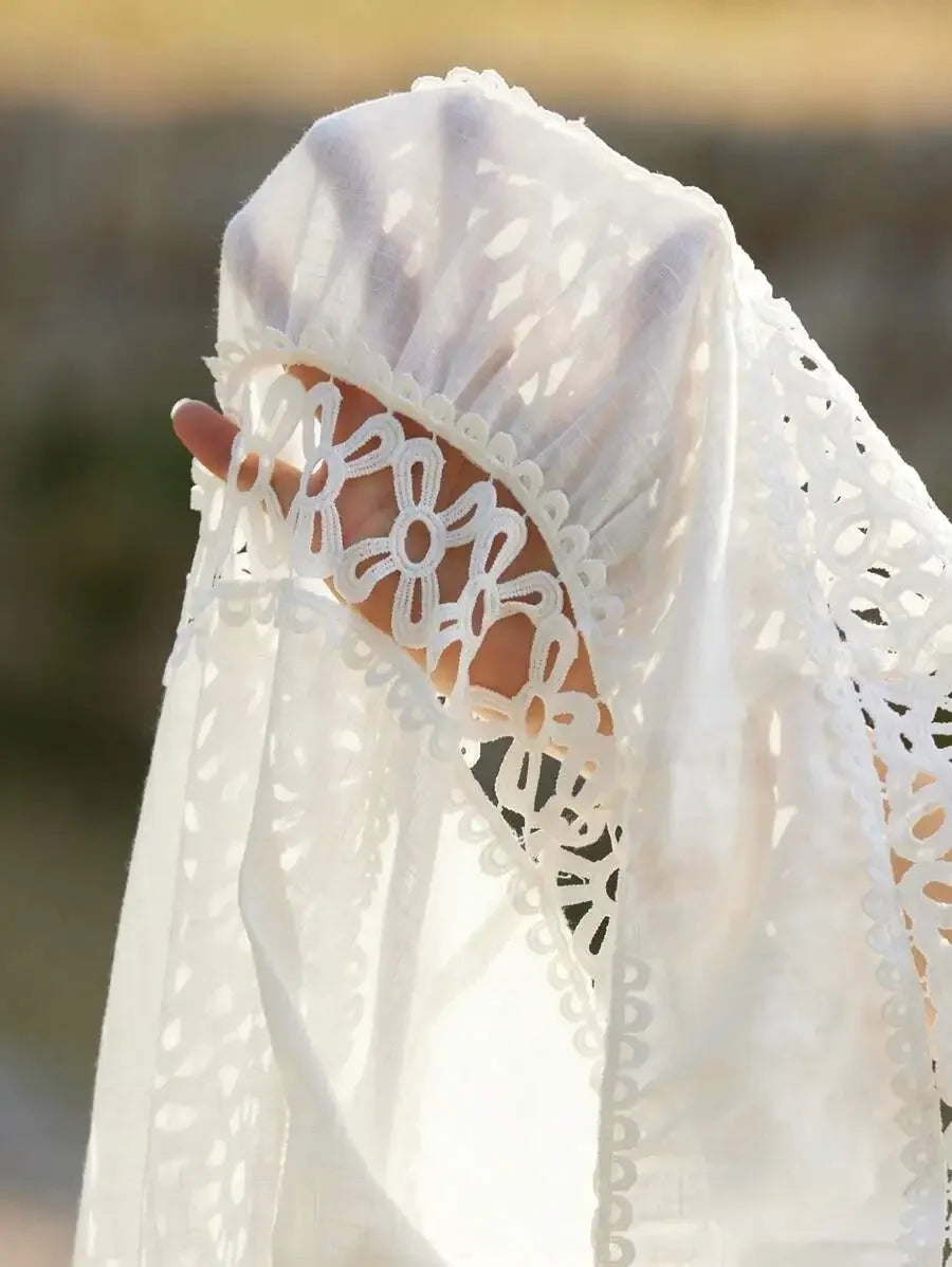 White V-Neck Long Sleeve Lace Dress A-Line Mini Elegant Bohemian Style Spring Autumn