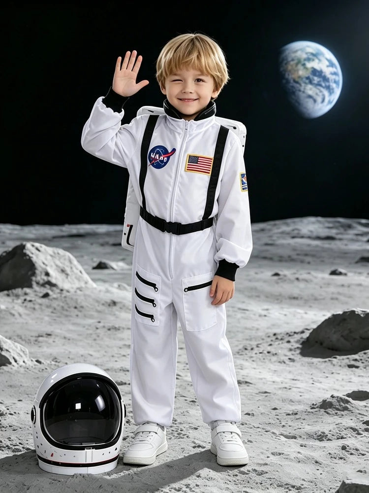 Kids White Astronaut Jumpsuit Space Flight Suit Boys Girls Cosplay Costume Halloween School Stage Role Play Spaceman Outfits