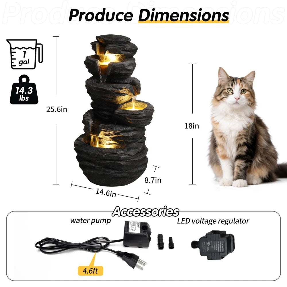 Outdoor Rock Water Fountain with Lights Multi Tier Cascading Waterfall Resin Garden Fountain for Patio Yard Porch Landscape
