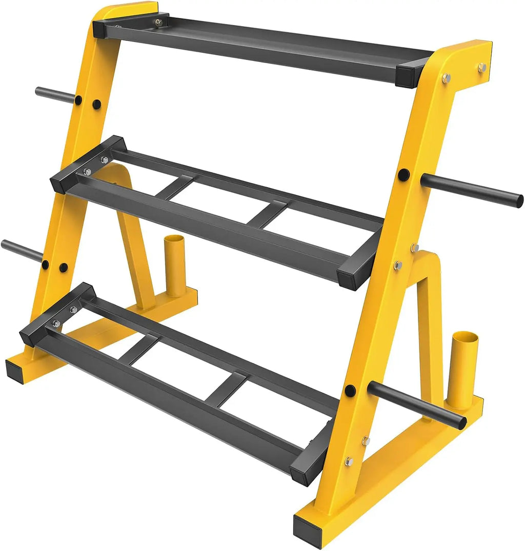 Heavy Duty Three Tier Dumbbell Rack Stand Multifunctional Weight Rack Storage Holder Display Stand Base Unit For Dumbbell Kettlebell Barbell Plate Barbell Bar Home Gym Yellow Black