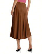Womens Brown Satin Midi Skirt High Waisted Wrap Tie Flowy A-Line For Casual Office Date