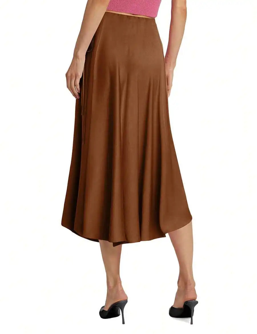 Womens Brown Satin Midi Skirt High Waisted Wrap Tie Flowy A-Line For Casual Office Date