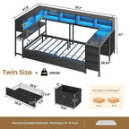 Corner Twin Bed Frame with Desk,Charging Station and Bookcase Storage Twin Size Daybed for Kids Teen with Storage Drawers,Led L