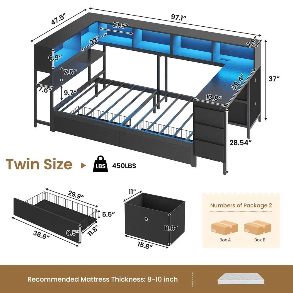 Corner Twin Bed Frame with Desk,Charging Station and Bookcase Storage Twin Size Daybed for Kids Teen with Storage Drawers,Led L