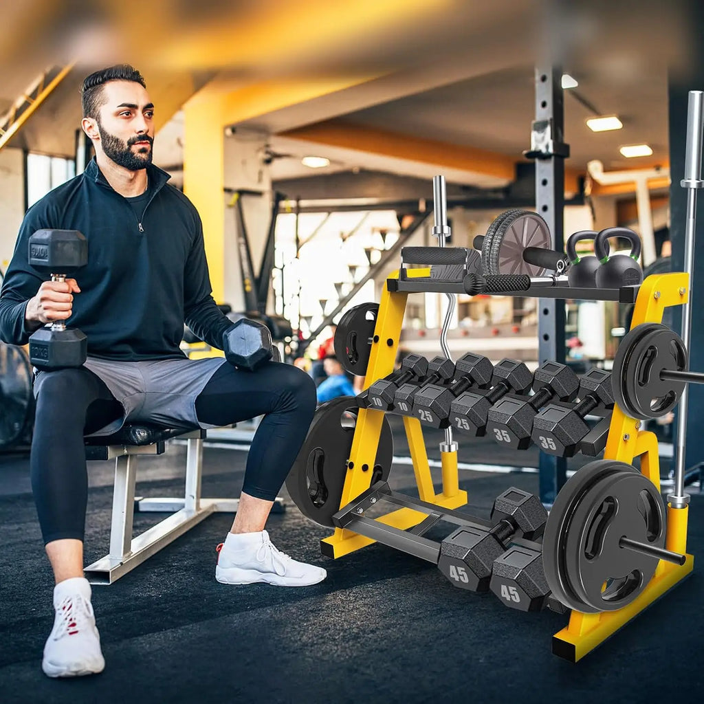 Heavy Duty Three Tier Dumbbell Rack Stand Multifunctional Weight Rack Storage Holder Display Stand Base Unit For Dumbbell Kettlebell Barbell Plate Barbell Bar Home Gym Yellow Black