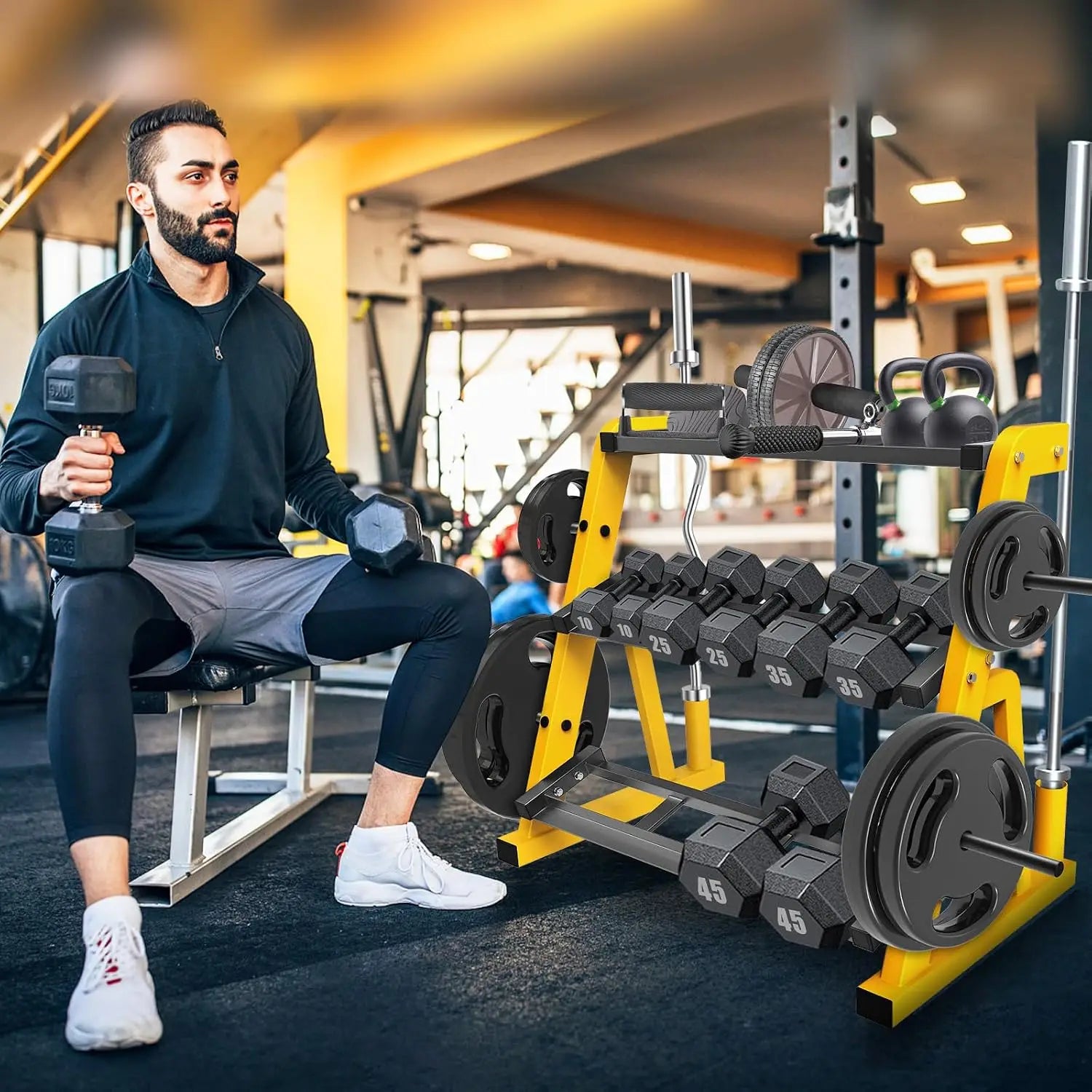 Heavy Duty Three Tier Dumbbell Rack Stand Multifunctional Weight Rack Storage Holder Display Stand Base Unit For Dumbbell Kettlebell Barbell Plate Barbell Bar Home Gym Yellow Black
