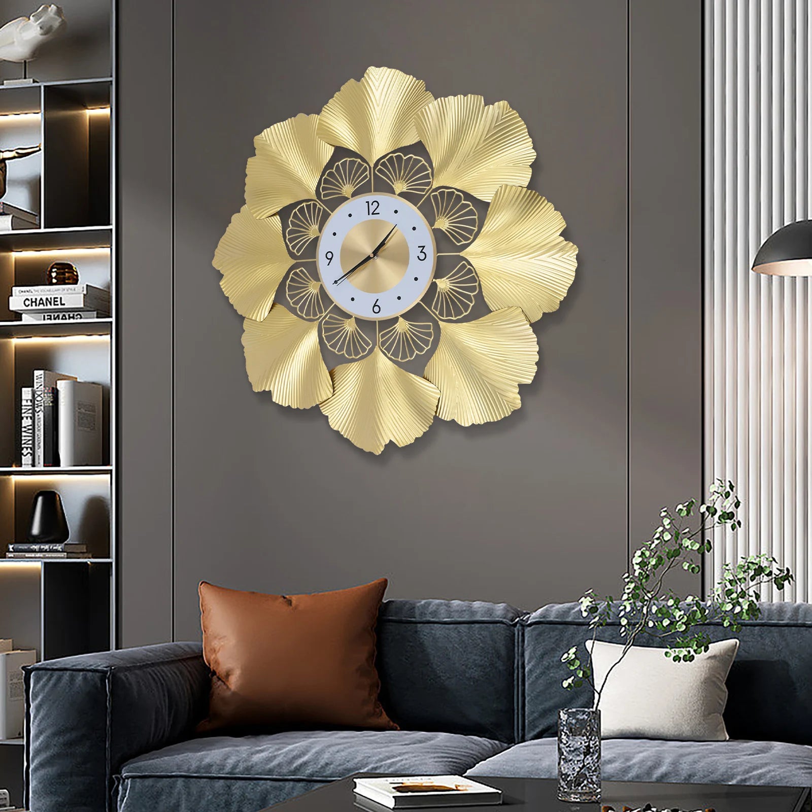 Ginkgo Biloba Wall Clock 70cm Large Nordic Light Luxury Design, White Gold Iron Silent Non-Ticking Battery Operated Living Room