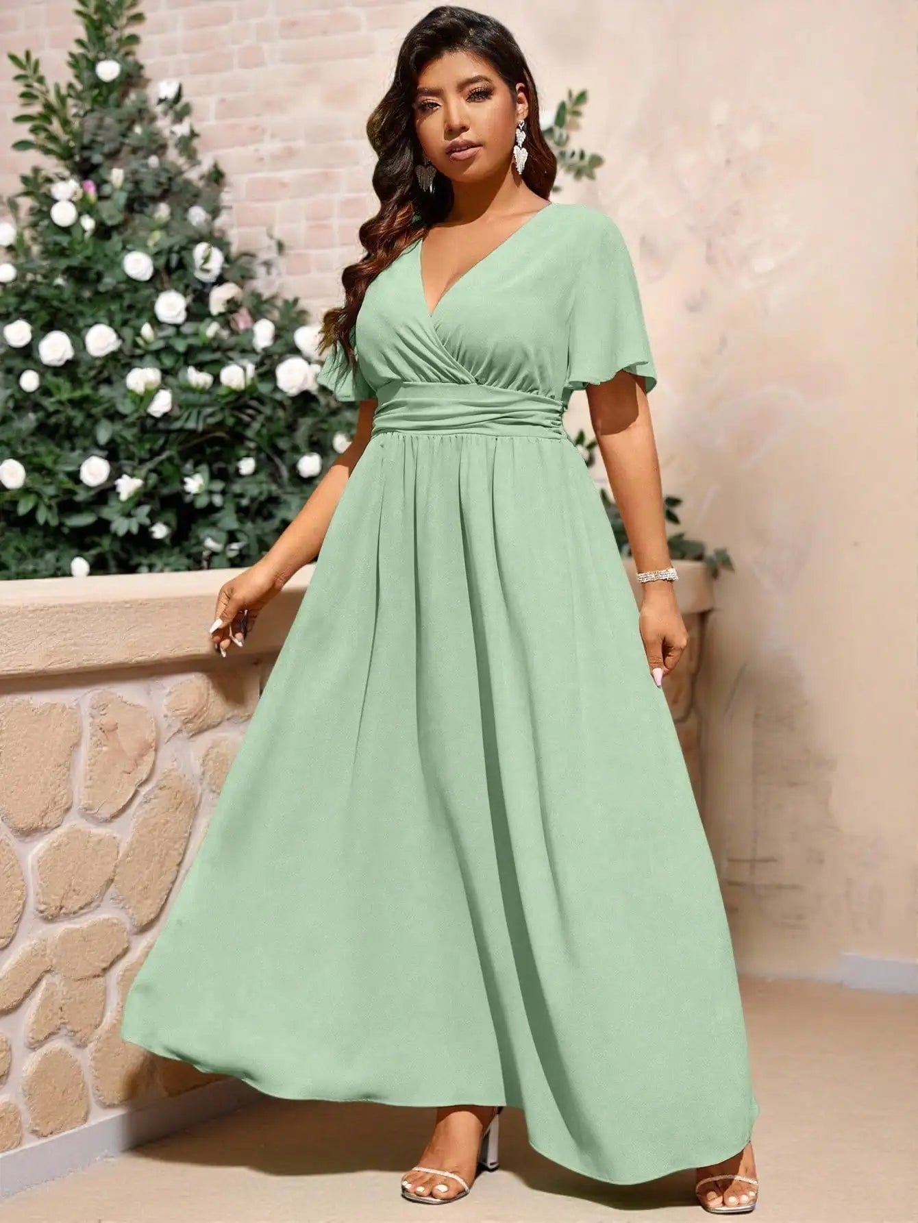 Plus Size Solid Color Wrap V-Neck Maxi Dress For Wedding Formal Occasion