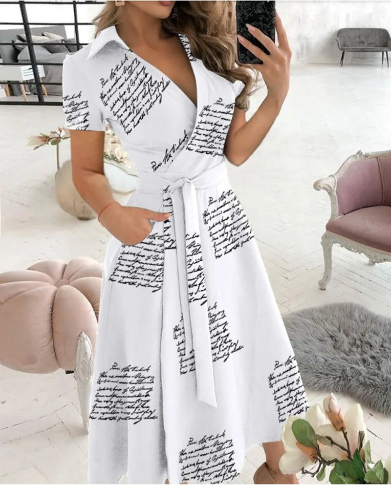 Solid Wrap Midi Dress Elegant Women Dress Mid Short Sleeve V Neck Tie Waist Pocket A-line Office Daily Summer