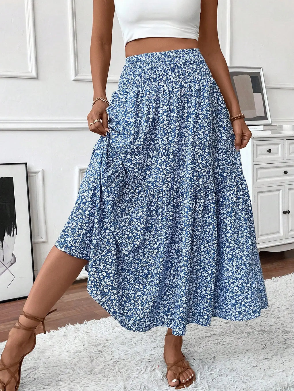 Womens Ditsy Floral A-Line Skirt With Pockets Elastic Waist Ruffle Hem