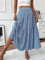 Womens Ditsy Floral A-Line Skirt With Pockets Elastic Waist Ruffle Hem