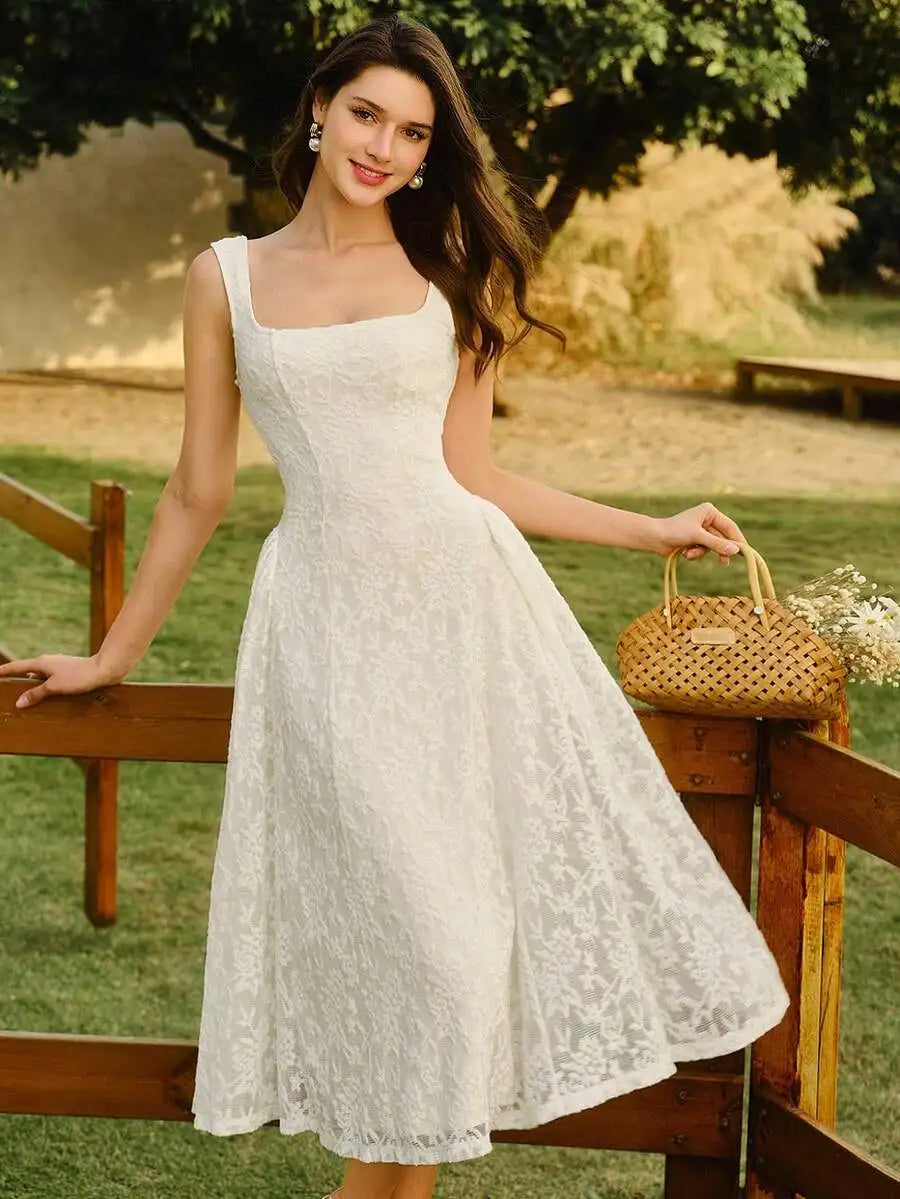 Elegant Lace Square Collar A-Line Midi Dress For Summer Wedding Guest Party