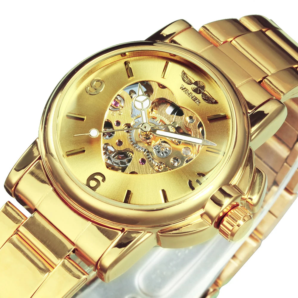 WINNER Fashion Elegant Skeleton Automatic Mechanical Watch for Women Luminous Hands Stainless Steel Strap Business Ladies Watches