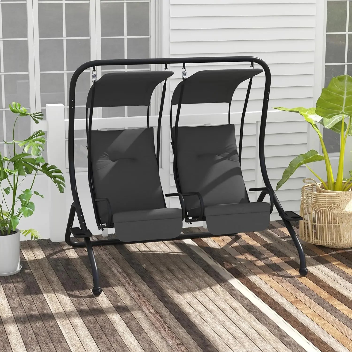 Double Seat Outdoor Patio Swing Chair Glider with Removable Canopy And Cup Holders for Porch Garden Poolsid Furniture