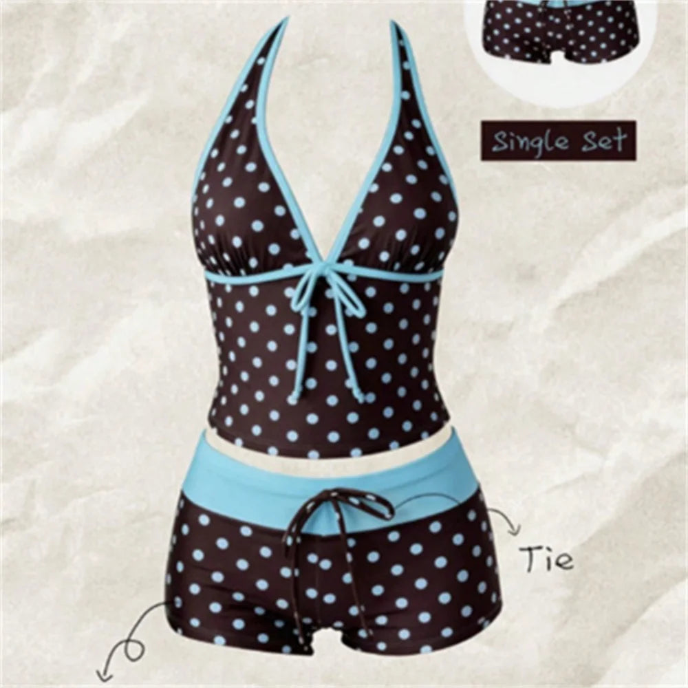 Kawaii Pink Dot Bikini Shorts Bowknot Halter Backless Swimsuit Deep V Swimwear Women's Bikinis and Tankinis Vacation Outfit Sets
