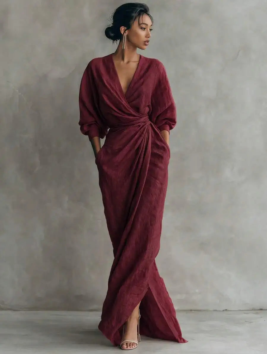 Elegant Solid Color V Neck Long Sleeve Wrap Midi Dress With Side Slit For Women
