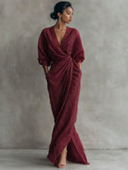 Elegant Solid Color V Neck Long Sleeve Wrap Midi Dress With Side Slit For Women