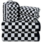 and White Towels Set of 8, Cute Checkered Towels for Bathroom Decor, 2 Bath, 2 Hand, 4 Washcloths, Cotton