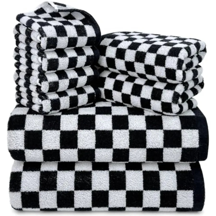 and White Towels Set of 8, Cute Checkered Towels for Bathroom Decor, 2 Bath, 2 Hand, 4 Washcloths, Cotton