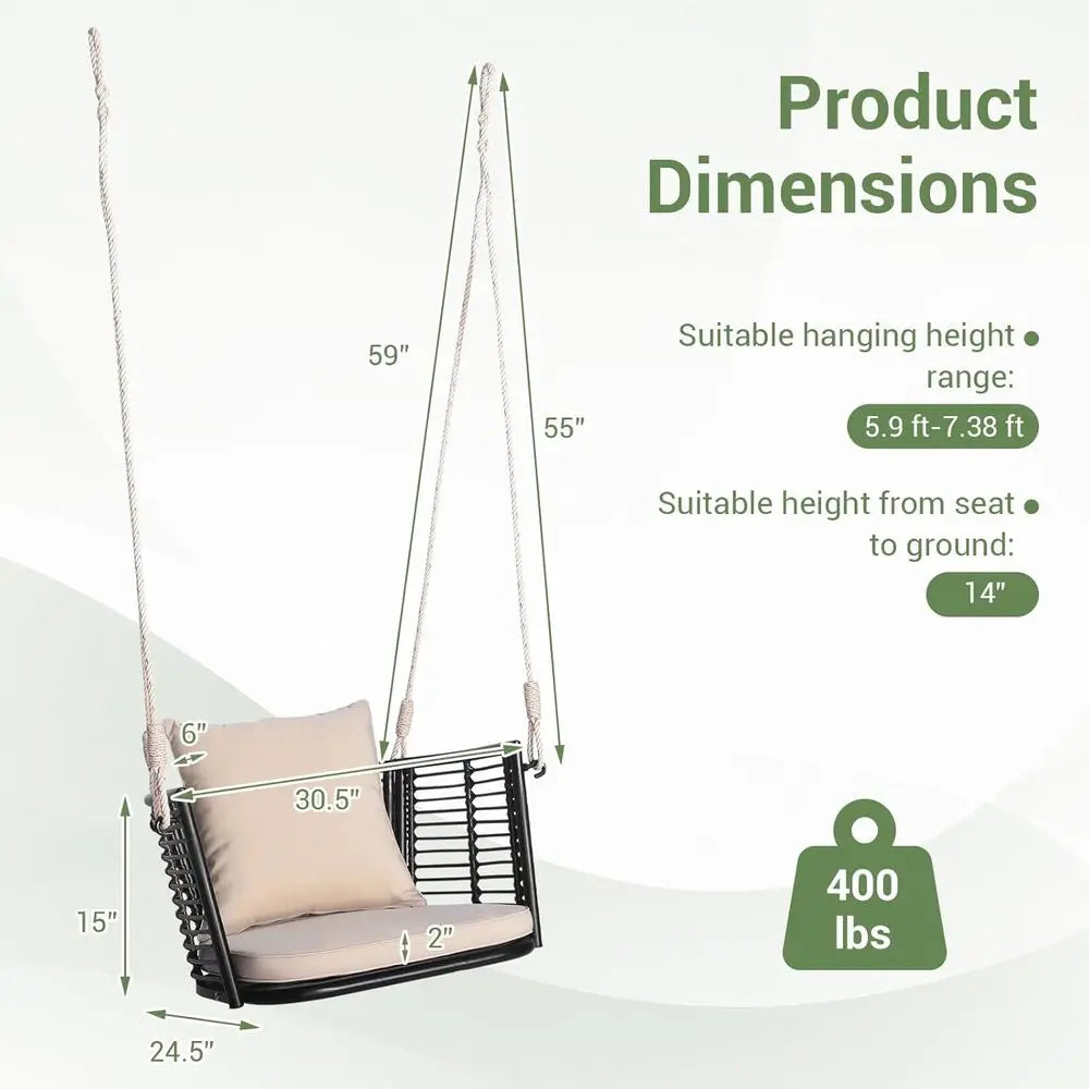1-Person Outdoor Hanging Porch Swing with Cushions, Rattan Backrest, Metal Frame, 2 Ropes, Up to 400 lbs, Beige