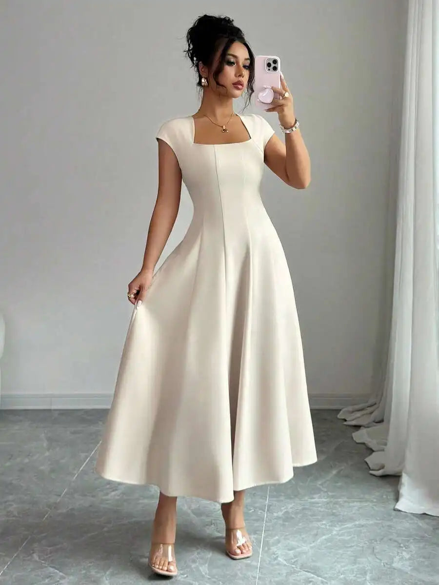 Elegant Cream White Square Neck Cinched Waist A-Line Midi Dress