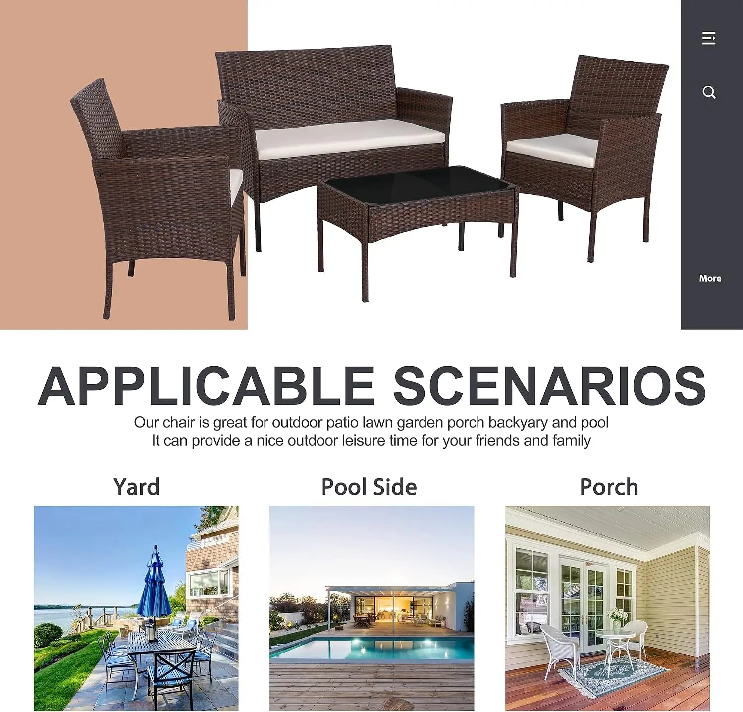 4 Piece Outdoor Patio Furniture Set, Wicker Rattan Patio Conversation Set, Outdoor Chairs and Loveseat with Coffee Table for Porch, Yard & Poolside (Brown)