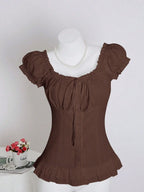 Womens Summer Solid White Ruffle Short Sleeve Blouse