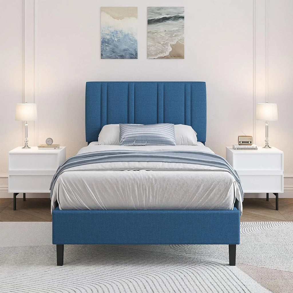 Twin Bed Frame with Adjustable Upholstered Headboard, Linen Fabric Platform Bed with Heavy Duty Wood Slats, Noise-Free,, Custom
