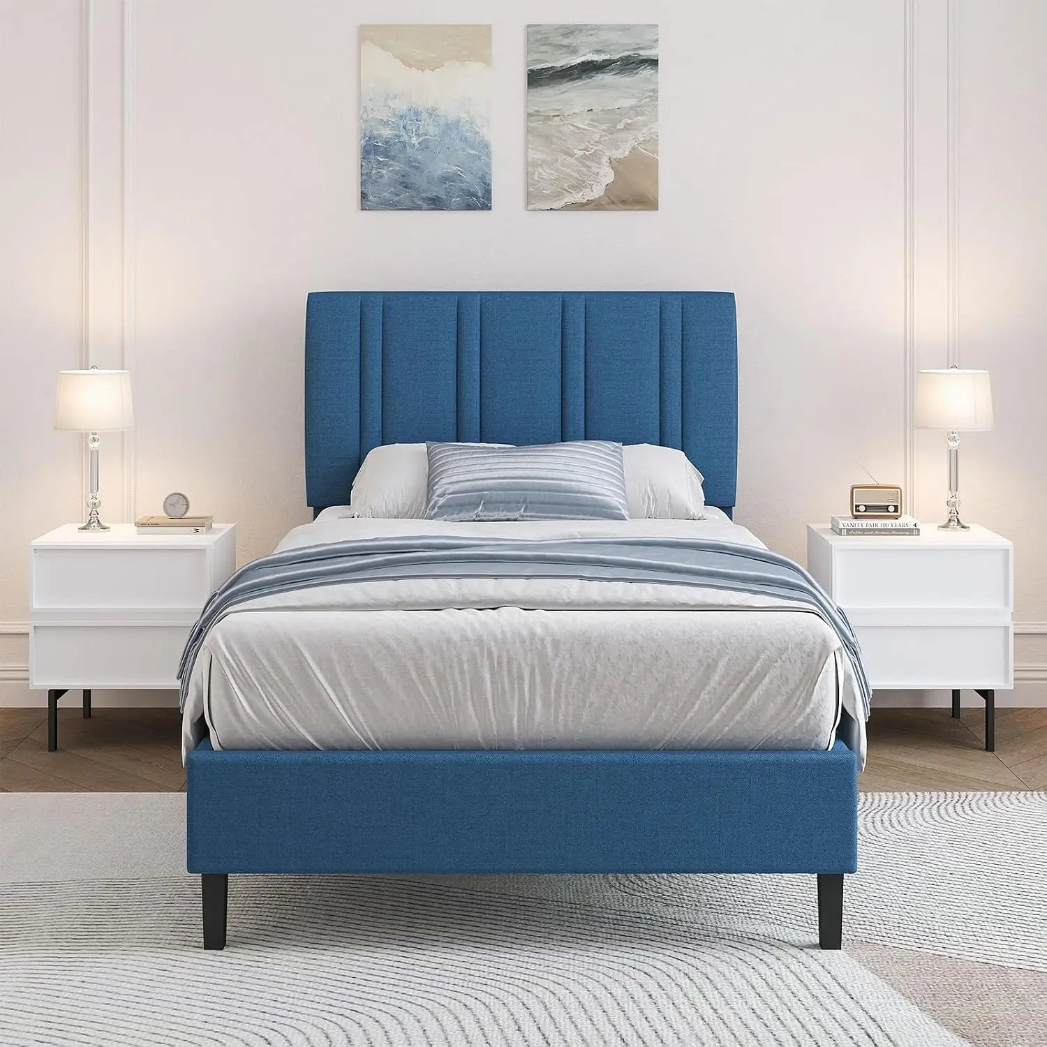 Twin Bed Frame with Adjustable Upholstered Headboard, Linen Fabric Platform Bed with Heavy Duty Wood Slats, Noise-Free,, Custom