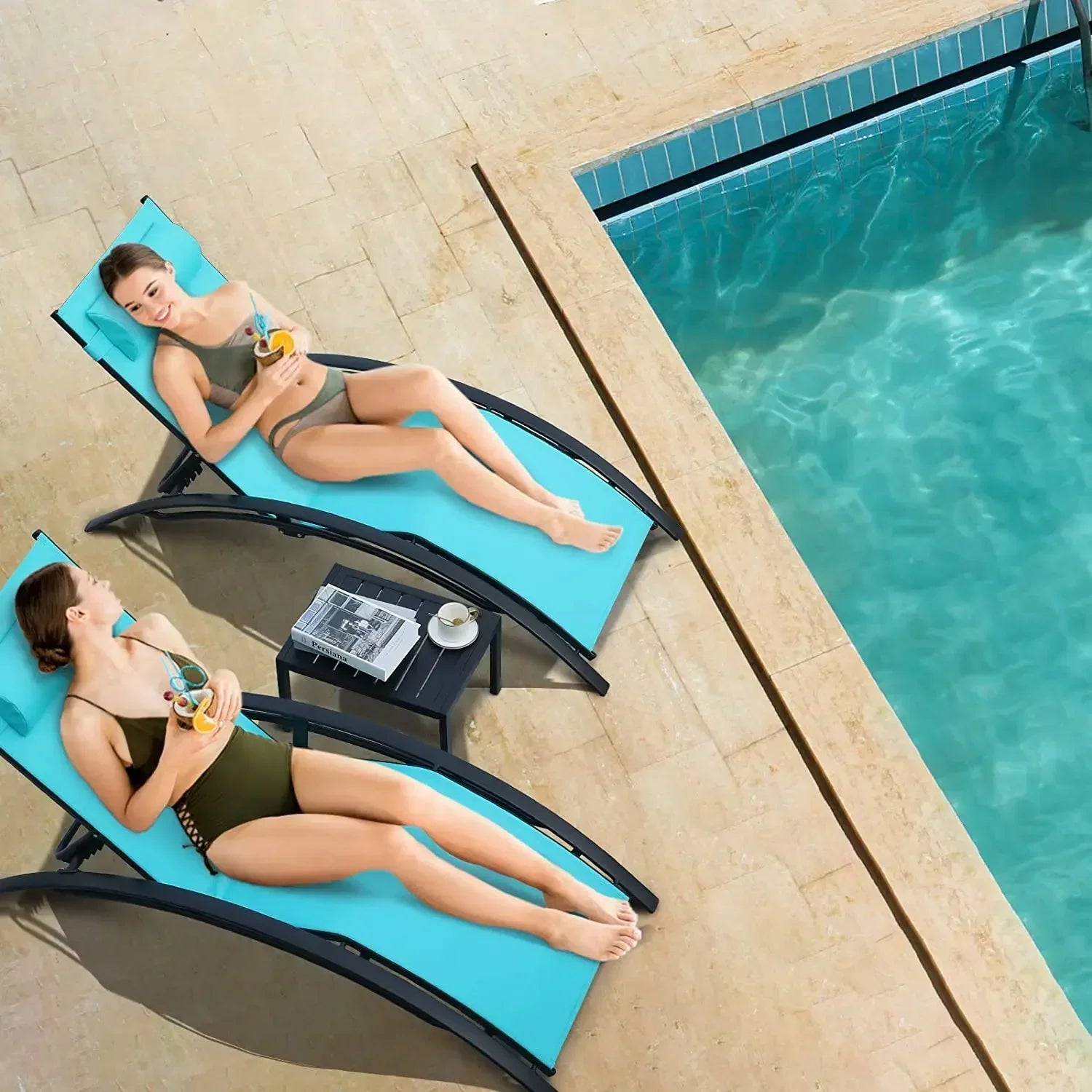 Garden Sun Loungers, Set of 2 with Side Table and Cushions, Aluminum,Weather Resistant,5-Way Adjustable Backrest,for Garden,Pool