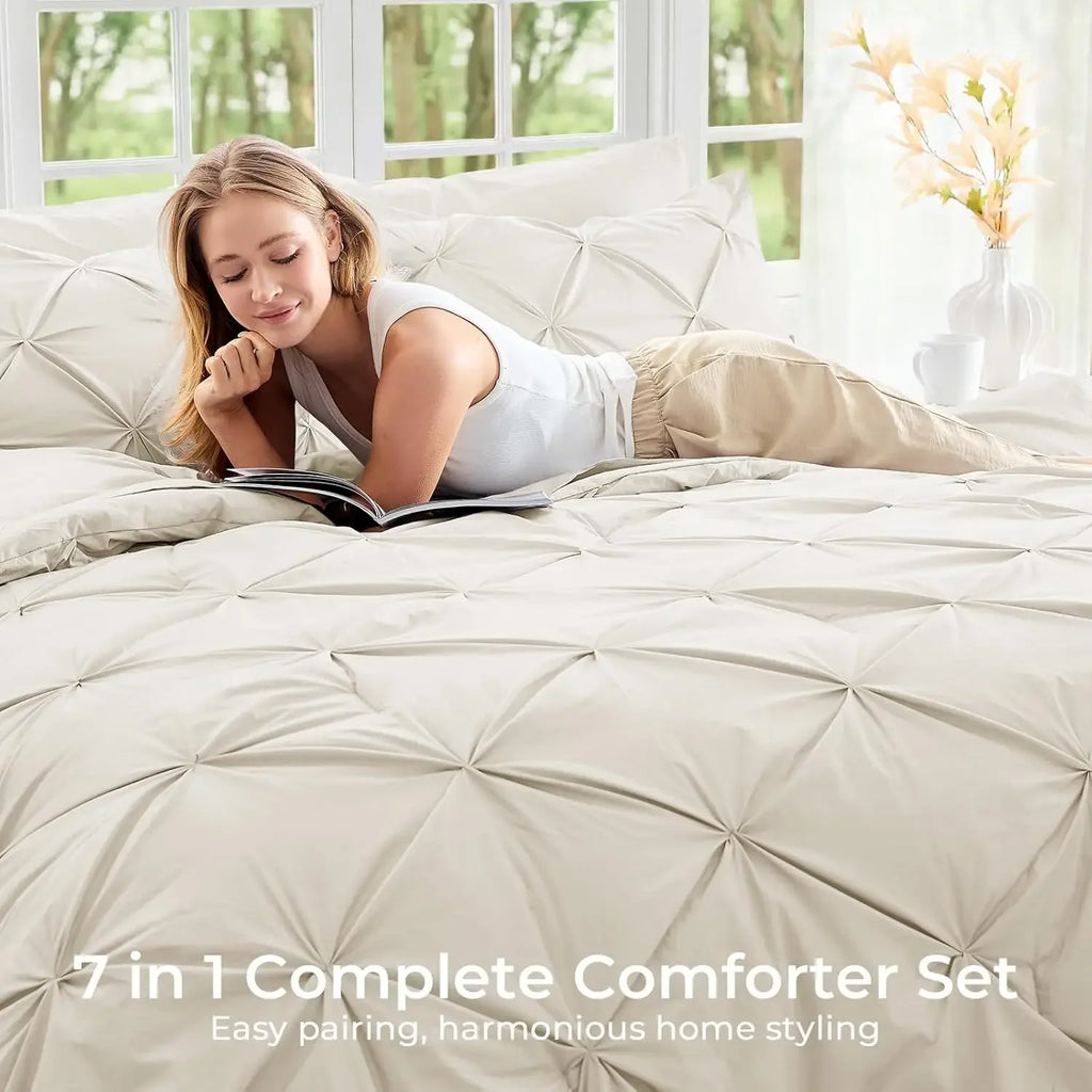 Queen Comforter Set, 7-Piece Bed in a Bag, Pintuck Bedding Sets for All Season, Includes Comforter, Flat Sheet, Fitted Sheet, Pillowcases and Pillowshams, Beige