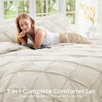 Queen Comforter Set, 7-Piece Bed in a Bag, Pintuck Bedding Sets for All Season, Includes Comforter, Flat Sheet, Fitted Sheet, Pillowcases and Pillowshams, Beige
